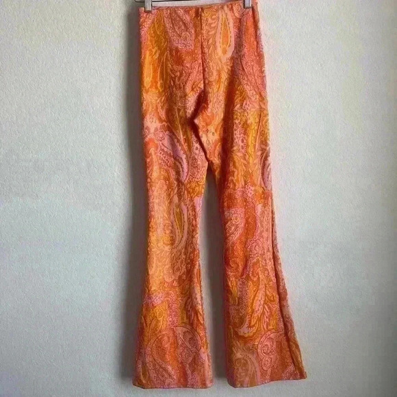 Zara Orange Pink Paisley Retro Hippie Flare Elastic Waist Pants Size S-NWT - Picture 3 of 10